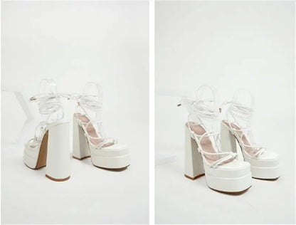 FF2025 New Fashion Solid Colored Cross-tied Heels Supper High Platform Dressing Sandals Peep-toe Square Heel Summer Footwear