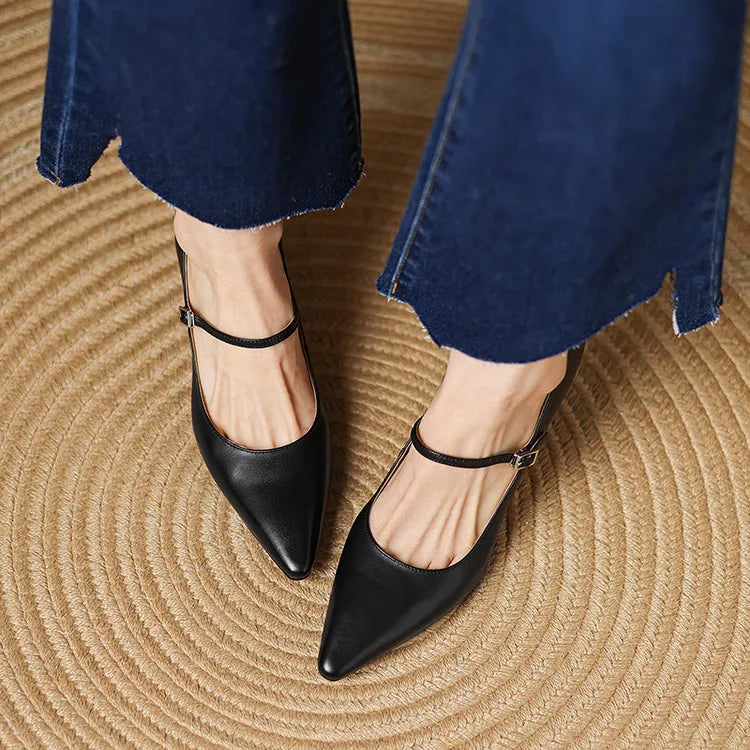 NEW Spring/Autumn Women Pumps Genuine Leather Shoes for Women Pointed Toe Thin Heel Shoes Shallow Buckle Strap Mary Janes Shoes