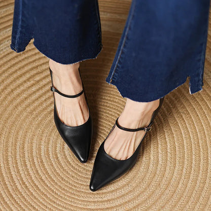 NEW Spring/Autumn Women Pumps Genuine Leather Shoes for Women Pointed Toe Thin Heel Shoes Shallow Buckle Strap Mary Janes Shoes