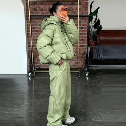 Women's Striped Puffer Jacket Two Piece Set Detachable Hood Cropped Puffer Coat Wide Leg Pants Outfit 2026 Winter Casual Coats