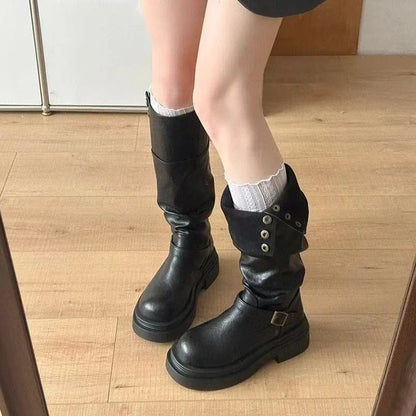 Women's High Knee Boots, Chunky Platform Stacked Rider Boots, Spring/Autumn Two-Way Edgy Fold-Over Cuff Fashion Design