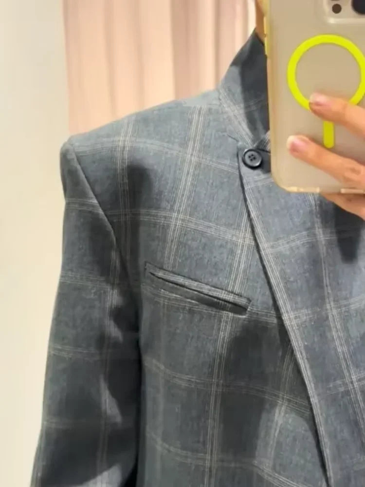 Chic Plaid Women Blazer Jackets Casual Split Loose Stand Collar Full Sleeve Short Jacket 2026 Lady Fashion Daily Commute Outwear