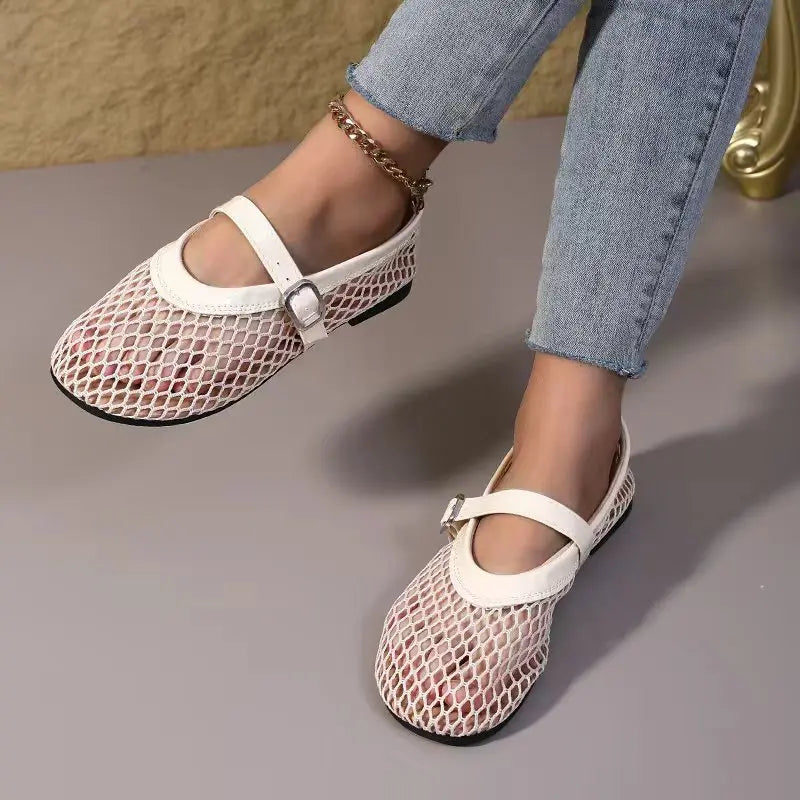 Women's Mary Jane Flats 2026 New Hollow Out Mesh Breathable Fishnet Ankle Strap Casual Summer Sandals