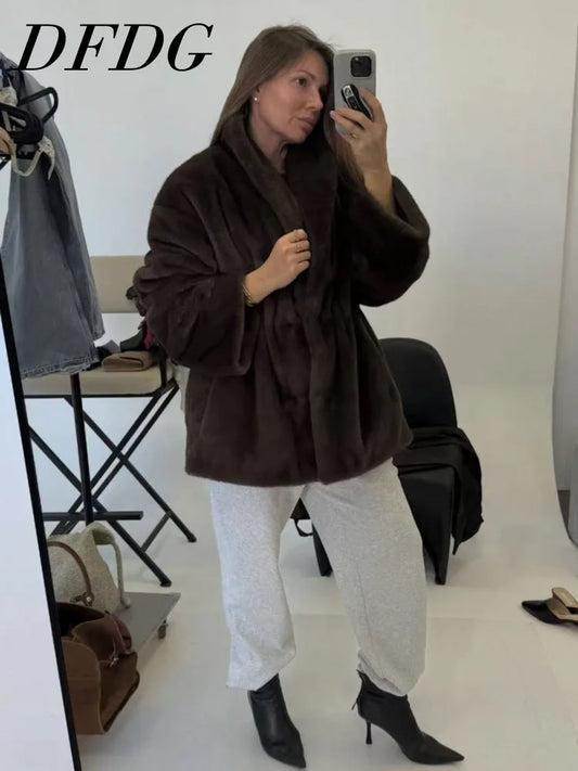 DFDG Women’s 2025 Autumn Winter Simple Casual Faux Mink Fur Coat Stand Collar Eco Plush Jacket Thickened Designer Outerwear Coat