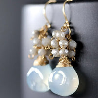 Aqua Chalcedony Labradorite Cluster Wire Wrapped Dangle Earrings