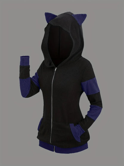 2024 European and American fashion women's new thick cat ears in autumn and winter long color matching hooded sweater coat
