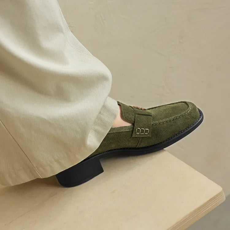 New Spring/Autumn Cow Suede Women Shoes Fashion Retro Square Toe Shoes for Women Mid Heels Women Pumps Handmade Green Loafers