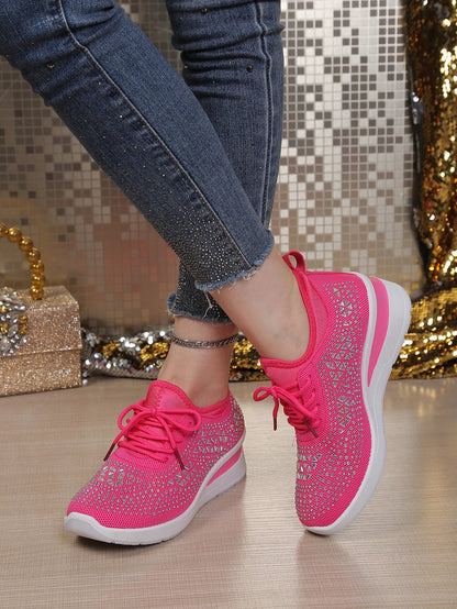 Women's Rhinestone Embellished Knit Mesh Wedge Sneakers, Adjustable Lace-Up Closure, Daily Walking Casual Footwear