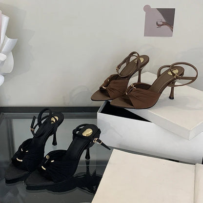 Eilyken Summer Fashion Thin Heels Pleated Hollow Out Buckle Strap Women Sandals Pointed Toe Banquet Party Female Shoes  6CM 9CM