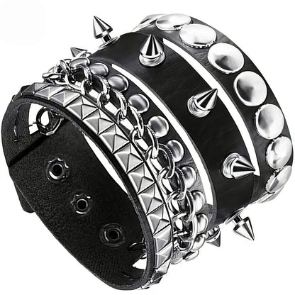 3Pcs/Set Vintage Emo Bracelets 3 Row Cuspidal Spikes Rivet Stud Wide Cuff PU Leather Punk Black Gothic Rock Unisex Accessories