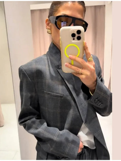 Chic Plaid Women Blazer Jackets Casual Split Loose Stand Collar Full Sleeve Short Jacket 2026 Lady Fashion Daily Commute Outwear