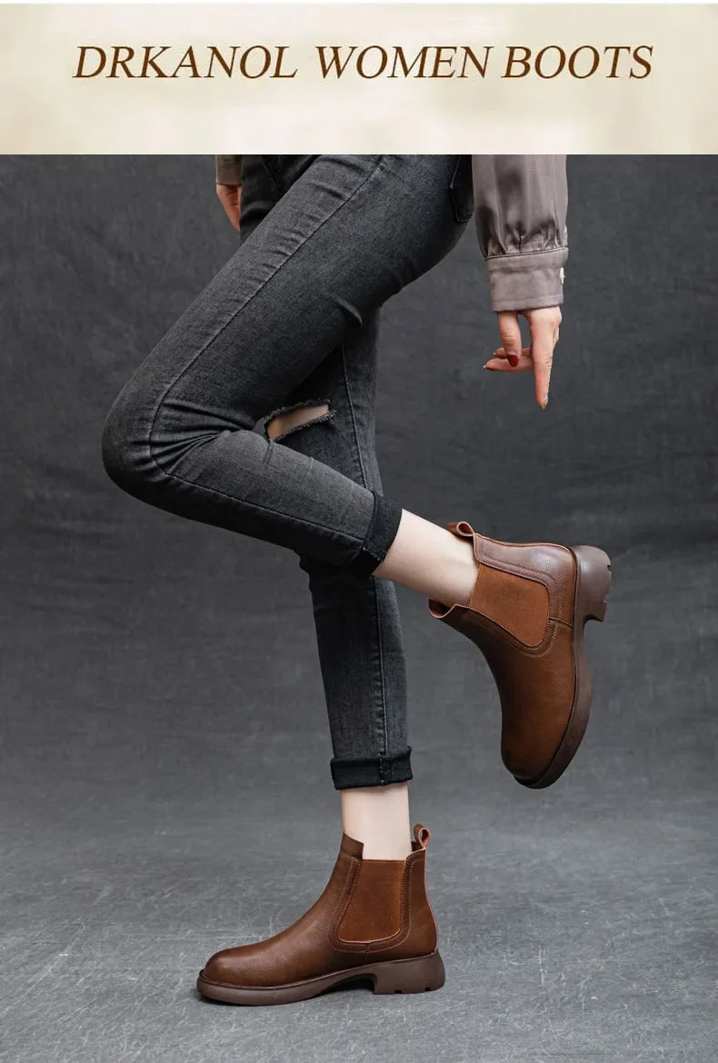 DRKANOL Fashion Women Thick Heel Ankle Boots Autumn Winter Warm Shoes Round Toe Real Cowhide British Style Slip On Chimney Boots
