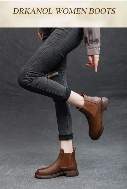 DRKANOL Fashion Women Thick Heel Ankle Boots Autumn Winter Warm Shoes Round Toe Real Cowhide British Style Slip On Chimney Boots