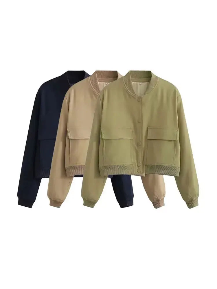 Women Fashion With Pockets Bomber Jacket Coats Vintage Long Sleeve Front Button Casual Female Outerwear Chic Tops