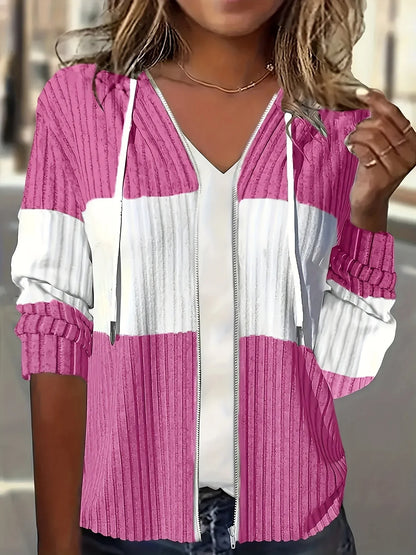 Women's Casual Color Block Hoodie Drawstring Zipper Jacket Streetwear Style with Pockets