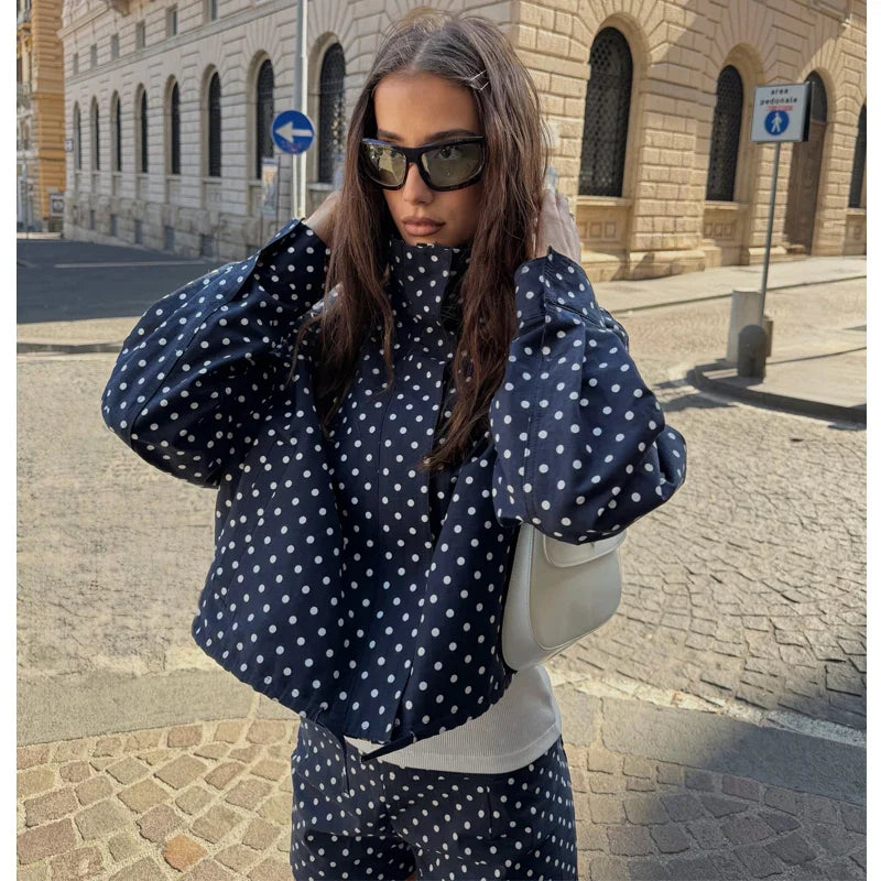 MUJER Polka Dot Bomber Jackets for Women Oversized Cropped Jacket Woman Long Sleeve Women's Jacket Fashion Winter Coat Female