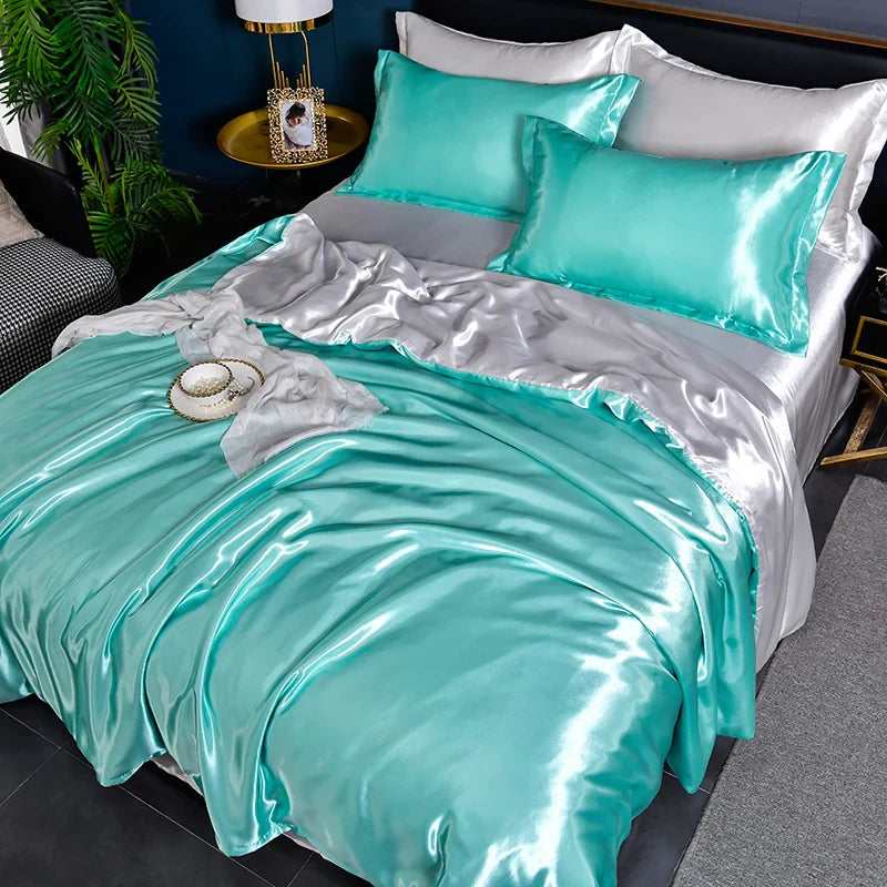 A/B Double-Sided Color Bedding Set Silky Satin Duvet Cover Bed Sheet Pillowcase Luxury Bedsheet King Queen Double Twin Size