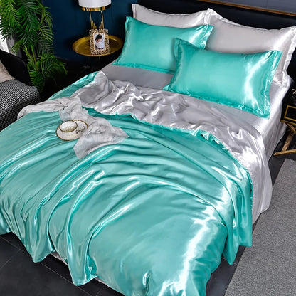 A/B Double-Sided Color Bedding Set Silky Satin Duvet Cover Bed Sheet Pillowcase Luxury Bedsheet King Queen Double Twin Size