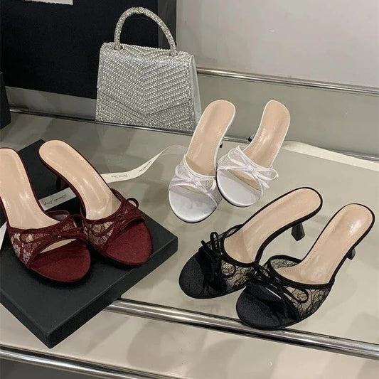 Summer Women Net Butterfly-knot Slippers Fashion Cover Pointed Toe Slip On Mules Shoes Thin High Heel Ladies Elegant Slides Pump