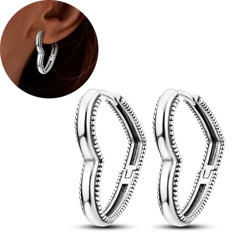 Genuine 925 Sterling Silver Love Feather Earrings Fit Original Charms Hoop For Women Girls Stud Earring Fine Jewelry Gifts