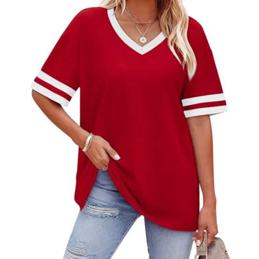 Womens T Shirts Loose Fit Short Sleeve Tees V Neck Color Block Summer Tops 26 Fashion S4XL