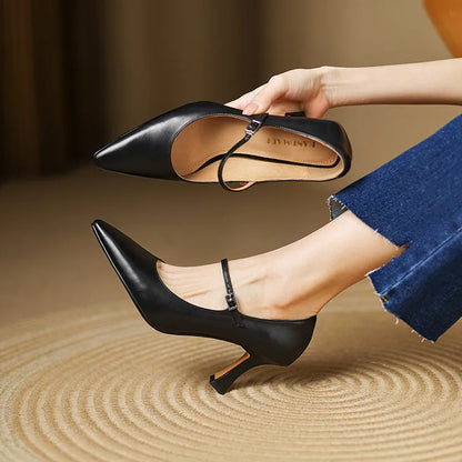 NEW Spring/Autumn Women Pumps Genuine Leather Shoes for Women Pointed Toe Thin Heel Shoes Shallow Buckle Strap Mary Janes Shoes