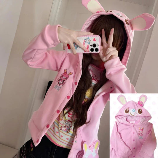 Japanese Cute Coat Embroidery Rabbit Ear Hooded Subculture Kawaii Y2k Tops Casual Fashion Sweet Coats Ropa Mujer Women Clothing