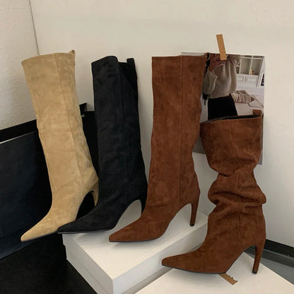 Aneikeh Fashion Winter Pointed Toe Knee-High Women Boots Thin Heels Shoes Female Punk Long Booties Zapatos De Muje