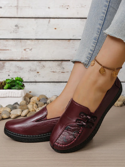 Women's Spring Autumn Leather Loafers Floral Embossed Slip‑On Flats Anti‑Slip Comfort Casual Mom Daily Walking Free Shipping