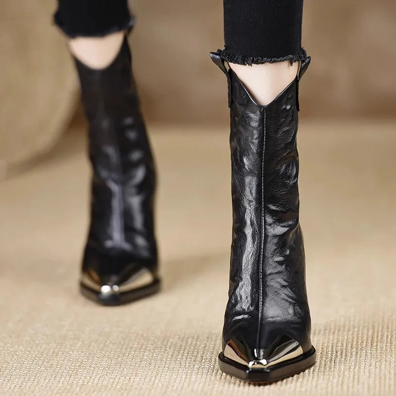 2024 New Metal Square Toe Ankle Boots for Women Fashion Patent Leather Women's Shoes Botas Mujer High Heels Shoes Women Zapatos