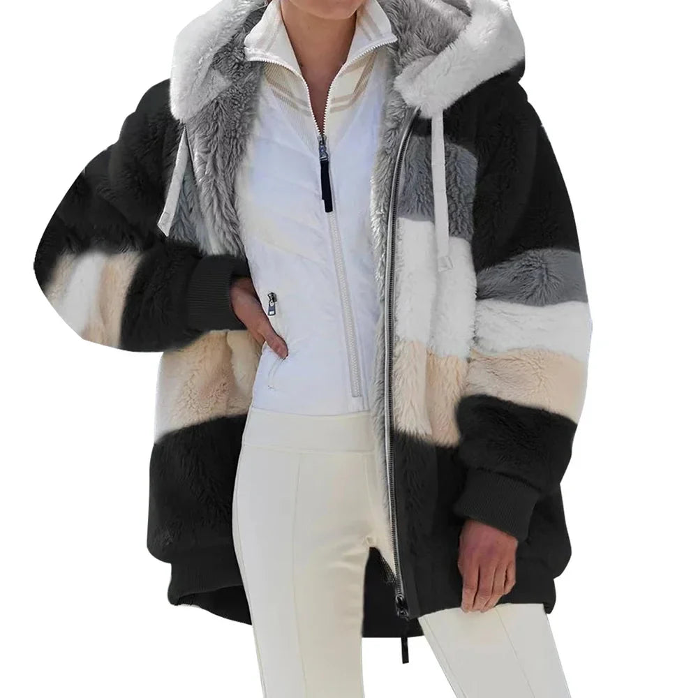 Oversized Jacket for Women Coat 2025 Autumn Winter Warm Plush Pocket Hooded Streetwear Loose Lady Zipper Cashmere Outerwear Coat
