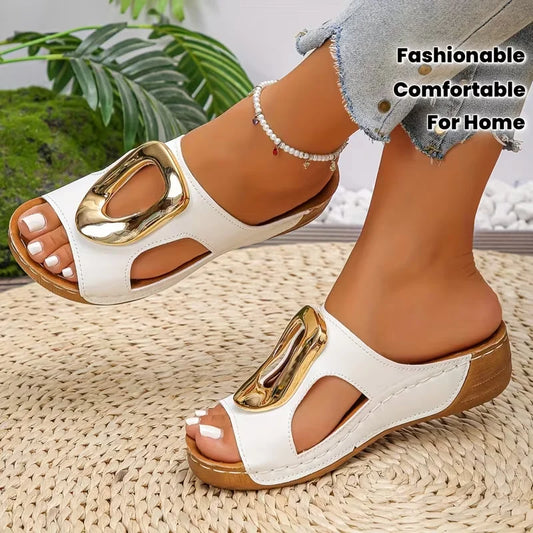 New Summer Women Fashion Slip on Slippers Beach Slippers Solid Color Round Head Wedges Casual Designer Shoes Slides Women