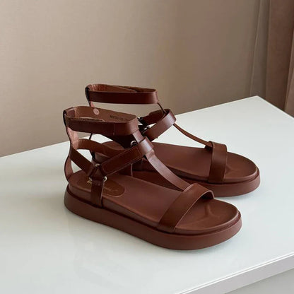 BeauToday Summer Gladiator Sandals Women Calfskin Leather Open Toe T-bar Strap Hook & Loop  Summer Ladies Shoes Handmade 07130