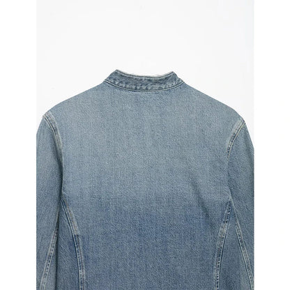 YENKYE Women's Cropped Denim Jacket Front Button Frayed Hem Stand Collar Streetwear Coat
