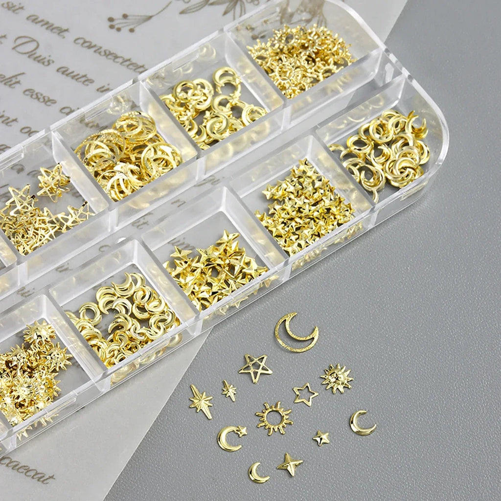 6/12Grids Gold Star Moon Metallic Rivet 3D Nail Charms Alloy Sun Moon Starlight Rhinestones Nail Studs For Nail Art Decoration