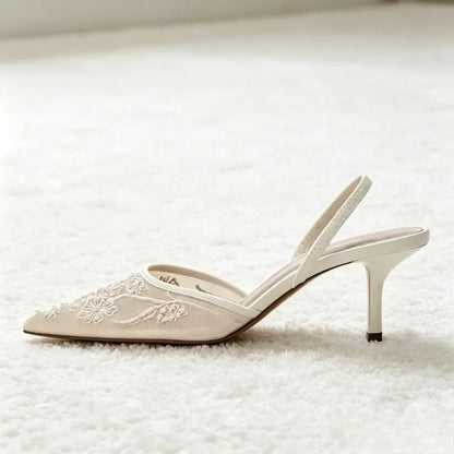 Elegant Mesh Embroidered Flowers Designer Heeled Sandals Women 2025 Summer Sexy Slingback Pointed Toe Thin High Heels Dress Shoe