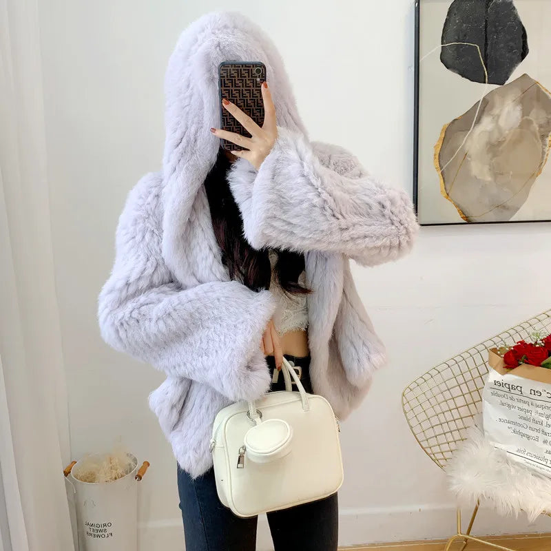 Real Rabbit Fur Hooded Coat Long Sleeve Women Casual Loose Knitted Genuine Fur Jacket With Hood Female Natural Fur Outwear