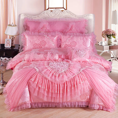 Luxury Wedding Bedding Sets Queen King Size Pink Princess Lace Bedcover Set Jacquard Duvet Cover Bed Sheet Pillowcases