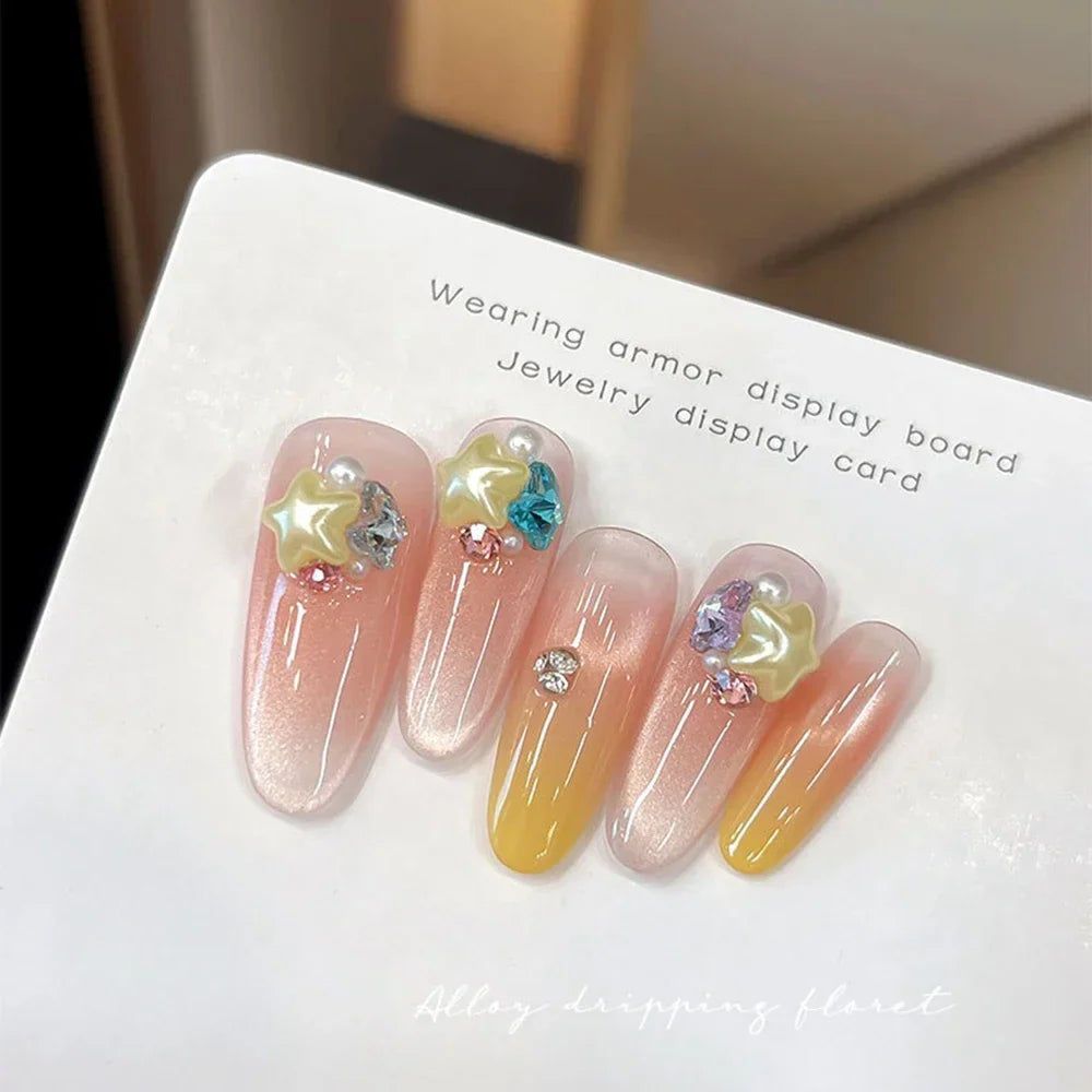 100PCS 2PACKS Macaron Star Heart 3D Pearlescent Pearl Rhinestone Nail Charms Mixed Color 6.5*10mm for Manicure DIY Love Heart