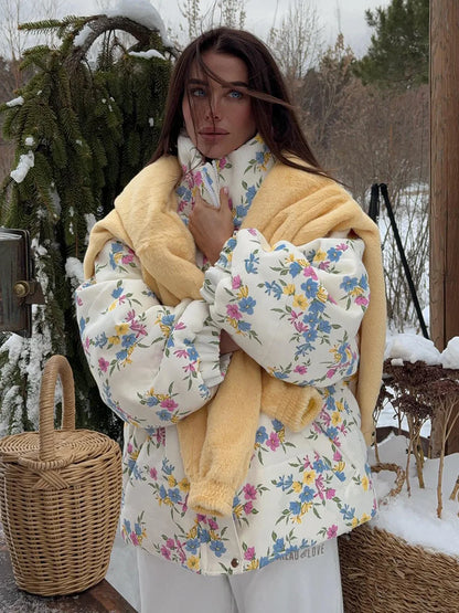 Yaminiya Fashion Thicken Women Puffer Jacket Oversize Stand Up Collar Zipper Floral Print Warm Cotton Filled Coat Autumn Winter