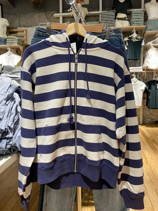 Striped Patchwork Zip-up Hoodie Autumn Cotton Pocket Drawstring Hooded Sweatshirt Women Y2k Streetwear Vintage Loose Tops Jacket