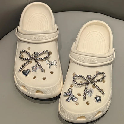 New Pearls Bowknot Shoes Charm Set 2026 Punk Heart Flowers DIY Shoe Accessories Ballet Style Silver Detachable Shoe Buckle Decor