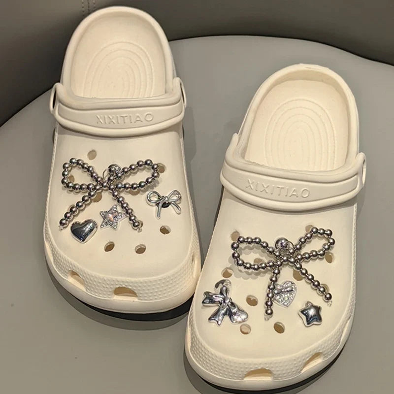 New Pearls Bowknot Shoes Charm Set 2026 Punk Heart Flowers DIY Shoe Accessories Ballet Style Silver Detachable Shoe Buckle Decor