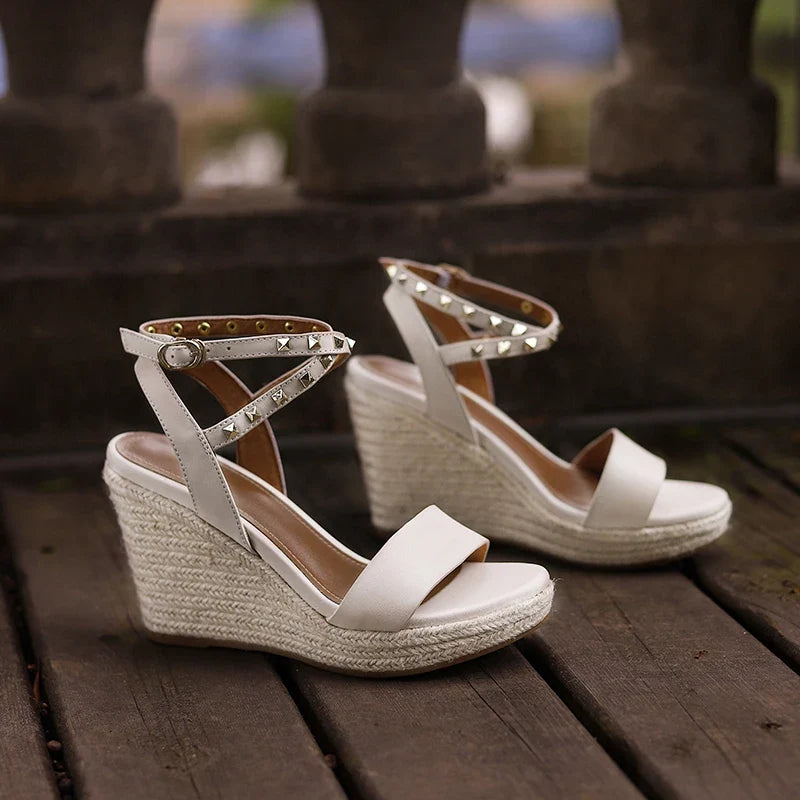 Women's genuine leather hemp wedge platform high heel ankle strap sandals open toe narrow band summer heels pumps daily shoes