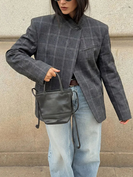 HH Women Fashion Plaid Blazer Coat Stand Collar Long Sleeve Jacket 2026 Spring Trend Casual Office Lady Chic Outerwear