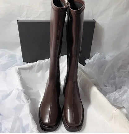 Vintage Thick Heel Women Knee High Boots Fashion Side Zippers Shoes Autumn Winter Ladies Concise Long Botas De Mujer