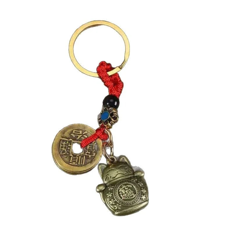 1Pc Vintage Handmade Lucky Cat Keychain Five Emperors Feng Shui Coins Key Ring Car Pendant Lucky Ornament Gift