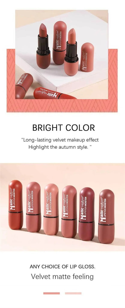 6-Color Matte Velvet Sexy Lipstick Waterproof Long-Lasting Nude Brown Lipstick Smooth High Pigment Profissional Lipgloss Makeup