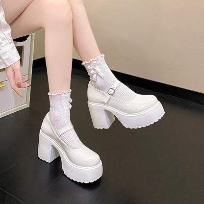 Black Super High Heels Mary Jane Shoes Women 2026 Goth Chunky Platform Pumps Woman Plus Size Ankle Buckle Party Lolita Shoes 42