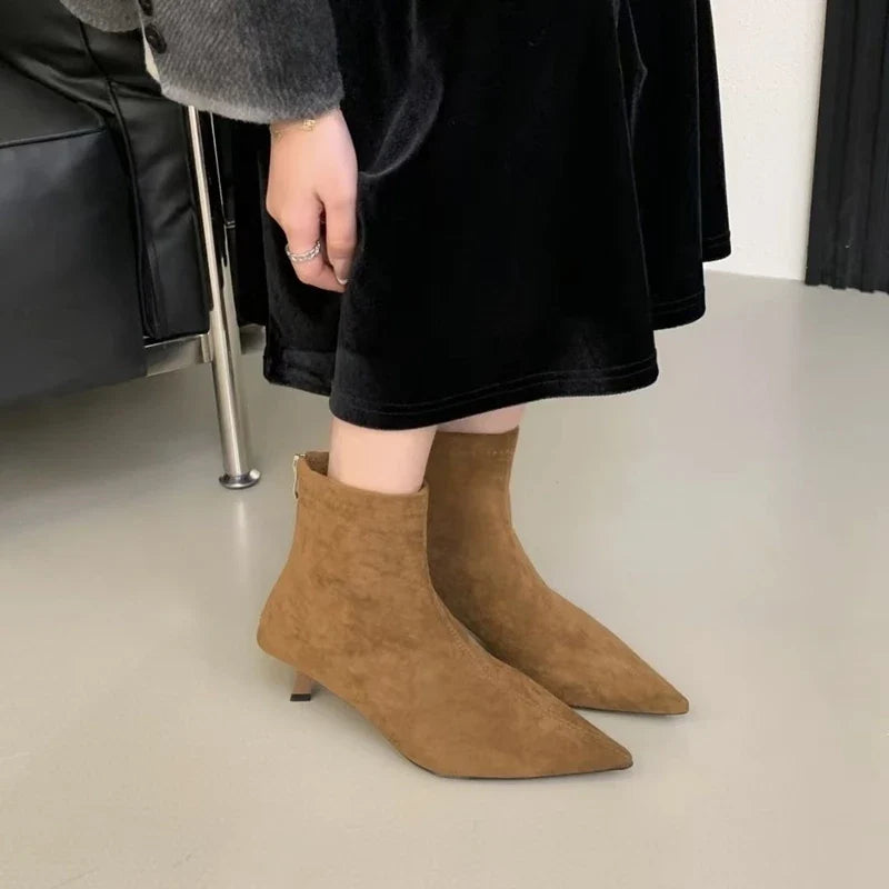 SUOJIALUN 2024 Winter New Brand Women Short Boots Fashion Pointed Toe Ladies Elegant Ankle Boots Thin High Heel Dress Pumps Shoe